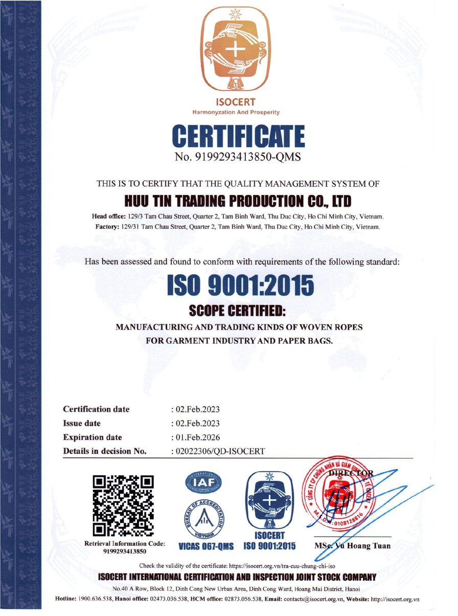 Chứng nhận ISO 9001:2015 của Hữu Tín